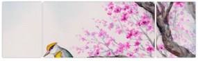 Obraz - ptak na drzewie z różowymi kwiatami (170x50 cm)