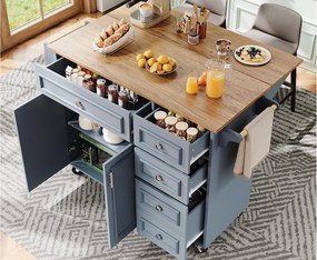 Nowoczesna wyspa kuchenna 130×45×92 cm - z 5 szufladami i 2 drzwiami - rozsuwana blata - z kółkami - niebieski