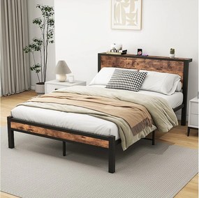 Łóżko podwójne 140x200 cm, brązowe, dla dorosłych z metalowym stelażem - bez materaca