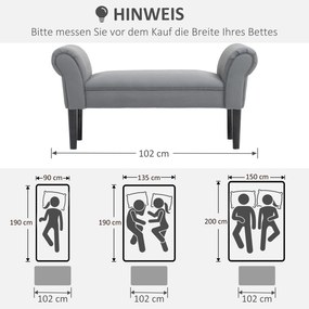 HOMCOM Ławka, Ławka do sypialni, Solidna konstrukcja, Miękkie wyściełanie, 102x36x51 cm, Szara