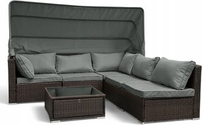 Wielofunkcyjny zestaw mebli ogrodowych - narożnik, leżanka z daszkiem Galicja 101 brąz, poduszki szare