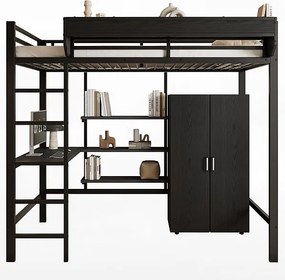 Łóżko mezzanine 90x200 cm - z biurkiem - z szafą - z wieloma schowkami - z drabiną 5 stopni - metal + płyty wiórowe - czarne (bez materaca)