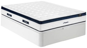 Zestaw 140 x 190 cm: łóżko kontynentalne ze skrzynią w kolorze białym + materac sprężynowy kieszeniowy 5-strefowy, pokrowiec chłodzący, grubość 28 cm – KOROVOU by YSMÉE