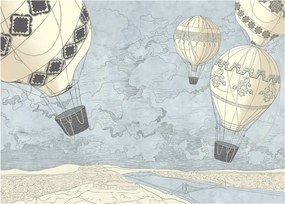 Obraz na szkle - Balony nad miastem, zimne odcienie (70x50 cm)