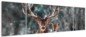 Obraz - Jeleń i łania w zaśnieżonym lesie (170x50 cm)