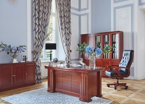 Elegancki fotel gabinetowe Consul tapicerowany skórą naturalną w kolorze brązowym, czarnym lub kremowym. Fotel ma drewnianą ramę i podłokietniki, mechanizm tilt, jest wygodne i solidnie wykonane.