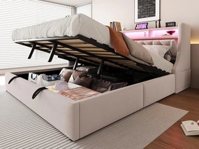 Łóżko tapicerowane ze schowkiem 180×200 cm - Składane zagłówek - Z gniazdkiem - Z oświetleniem LED - Aksamit - Beżowe (materac nie jest zawarty)