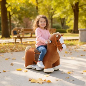 AIYAPLAY Jeździk w kształcie konia dla dzieci, miękkie obicie, zasilanie bateryjne, muzyka, kółka, 1,5-5 lat, Brązowy
