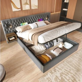 Łóżko hydrauliczne ze schowkiem - 180 x 200 cm - z 2 szafkami nocnymi + lampką przy zagłówku - welurowe - szare