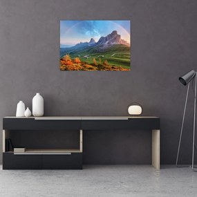 Obraz na szkle tęczy nad skałami (70x50 cm)