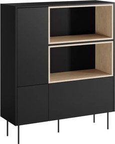 Komoda wysoka Desin 120 cm dwudrzwiowa z szufladą i wnękami - czarny mat / dąb nagano