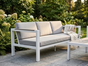 Zestaw mebli ogrodowych biały aluminium sofa fotele stolik drewniane detale