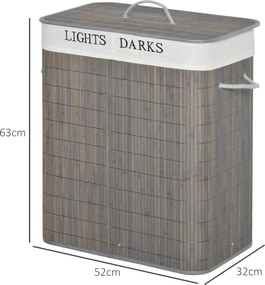 HOMCOM 100L Kosz na pranie z 3 uchwytami, z pralnym workiem na pranie, Bambus, Poliester, Bawełna, Metal, 52 x 32 x 63 cm, Szary