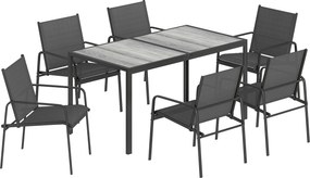 Outsunny Zestaw mebli ogrodowych komplet wypoczynkowy 150 x 80 cm stół z 6 oddychającymi krzesłami wygląd drewna stalowy stelaż Czarny | Aosom PL