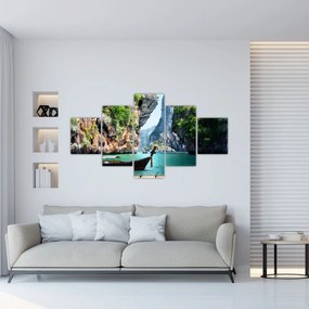 Obraz - Wodny śródziemnomorski krajobraz z łodzią (125x70 cm)