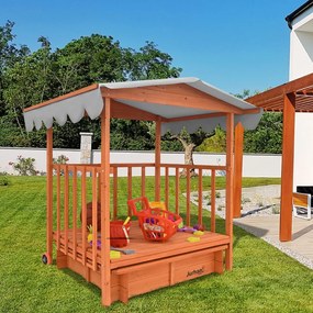 Piaskownica z werandą HAPPY, lita sosna 130 x 130 x 143 cm, brązowo szary Jurhan