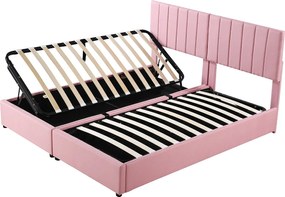 Łóżko 180x200 cm z pojemnikiem - Łóżko dla dorosłych z regulowanym zagłówkiem i stelażem - różowy len - bez materaca Materac