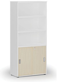 Szafa biurowa kombinowana PRIMO WHITE, drzwi przesuwne na 2 poziomach, 800 x 420 x 1781 mm, biały/brzoza