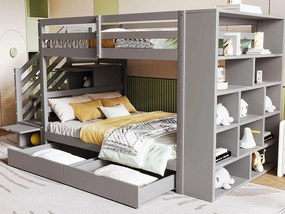 Łóżko piętrowe 90x200cm z drewna - z 2 szufladami i biblioteczką - Szare