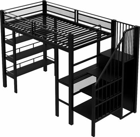 Łóżko piętrowe metalowe dla dzieci - 90 x 200 cm - z diodami LED + gniazdko elektryczne + półka + biurko - metalowe - czarne