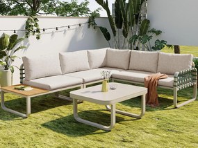 Zestaw mebli ogrodowych dla 5 osób, meble ogrodowe z rattanu i skóry - 2 sofy - 1 fotel i 1 stolik kawowy, z poduszkami, beżowy