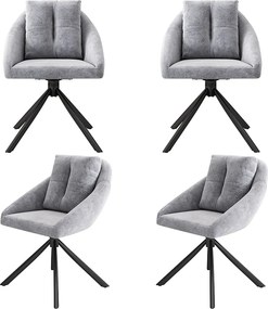 Zestaw 4 obrotowych krzeseł do jadalni, szary aksamit, krzesło z tapicerowanym oparciem, czarne metalowe nogi