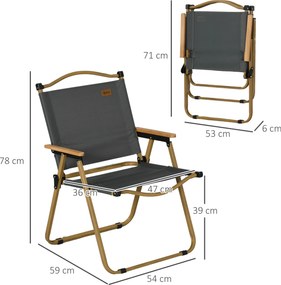 Outsunny Krzesła kempingowe, 2x Krzesło plażowe, składane, Stal, Wygląd drewna, Ciemnoszary