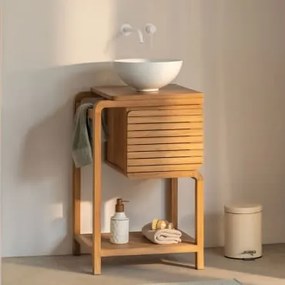 Zestaw Mebli Łazienkowych Bradley Z Drewna Tekowego Okrągły Biały Ceramiczny Ø30 Cm Calgari & Bezlusterkowiec - Sklum