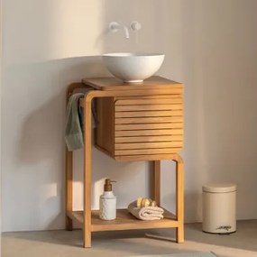 Zestaw Mebli Łazienkowych Z Drewna Tekowego Bradley Okrągły Biały Ceramiczny Ø30 Cm Calgari & Bezlusterkowiec - Sklum