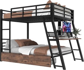 Łóżko piętrowe dla dzieci - 140 x 200 cm - rama żelazna - z diodami LED + 2 szuflady + biurko - Metal + MDF - czarne