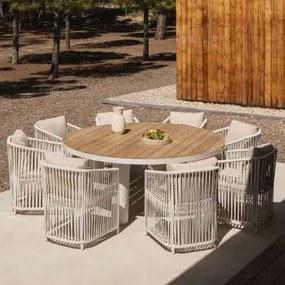Zestaw Okrągłych Stołów Riviera O Średnicy 180 Cm Z Drewna Tekowego I Aluminium Oraz 8 Krzeseł Ogrodowych Sophie Z Aluminium I P Gardenia Biel - Sklum
