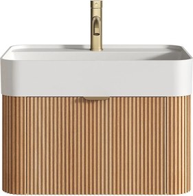 Wisząca szafka łazienkowa z prążkowanego drewna jesionowego z umywalką podblatową do zabudowy i baterią - Jasny naturalny - 60 cm - BULMAS