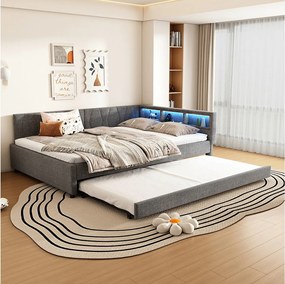 Sofa dziecięca z funkcją spania - 140 x 200 cm - pojemnik nad łóżkiem - z USB + diodami LED - z wysuwanym łóżkiem 90 x 190 cm - len + płyta MDF - szara