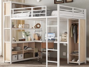 Łóżko mezzanine 140x200 cm - z biurkiem i półką do przechowywania - z szafą - z drabiną - Metal + płyty wiórowe - Biały + Naturalny