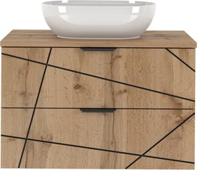 Szafka do łazienki z umywalką nablatową Wood 01, dąb wotan, 80 cm - zestaw 2