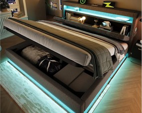 Tapicerowane łóżko z pojemnikiem 140x200 cm - z LED - z portami USB i Type-C - Tkanina lniana - Wezgłowie z przestrzenią do przechowywania - Szary