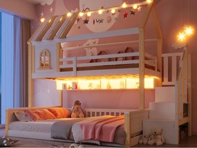 Łóżko piętrowe 90x200cm + 140x200cm - z oświetleniem LED - drabina z pojemnikami - biały + naturalny​ (materac nie jest wliczony w cenę)