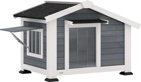 PawHut Buda dla psa drewniana, wodoodporna, z wyjmowaną podłogą, otwieranym oknem i dachem z asfaltu, 98 x 76 x 69,5 cm, szara | Aosom PL