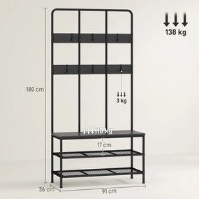 HOMCOM 3-w-1 Wieszak, haki na odzież, ławka, regał na buty, metal, płyta wiórowa, Czarny