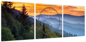Obraz - Czerwone chmury w górach (z zegarem) (90x30 cm)
