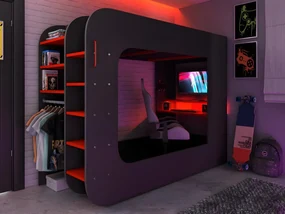 Łóżko na antresoli gamer 90 x 200 cm - Z biurkiem i miejscem do przechowywania - Z diodami LED - Kolor antracytowy i czerwony - WARRIOR