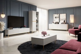 Witryna Nicole 100 cm z ryflowanym frontem - biały mat / złote nóżki