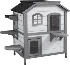 PawHut Dom dla Kota Budka 2 Piętra Wodoodporny Biały Szary Praktyczny 78x55x91cm | Aosom PL