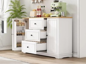 Nowoczesny kredens 126x40x86cm - z szufladami i półką na przyprawy - z 2 drzwiami - Naturalny + Biały