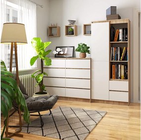 Regał AKORD R11 Dąb Sonoma 80 cm 2 drzwi 2 szuflady kolor Biały mat 7 półek 80x35x180 cm