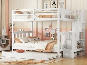 Łóżko piętrowe 140x200cm z drewna sosnowego - z 2 szufladami i łóżkiem wysuwanym - Białe