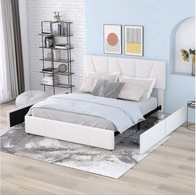 Łóżko z szufladami 140x200 cm - beżowy aksamit - łóżko młodzieżowe z regulowanym zagłówkiem - 4 szuflady - bez materaca