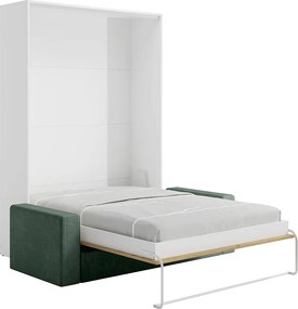 Łóżko chowane w szafie 160 x 200 cm - Ręczne otwieranie pionowe - Kolor: Naturalny i biały + Materac + kanapa zielona - BEGANIO
