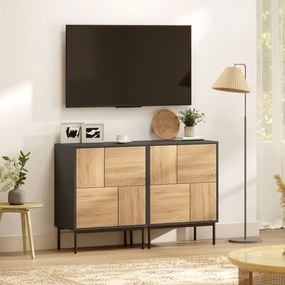 HOMCOM Sideboard z drzwiami push-to-open, szafka do jadalni na metalowych nogach, szafka kuchenna, MDF, Czarny+Naturalne drewno