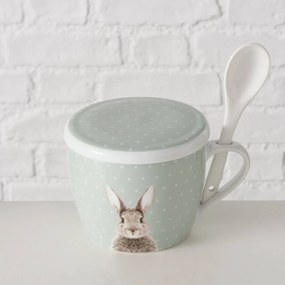 Kubek z pokrywką i z łyżeczką FLUFFY, porcelanowy, zajączek, 600 ml